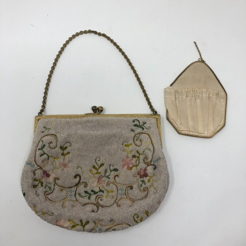 Vintage Beaded Clutch Handbag Mirror Set Small Floral Dainty Feminine Coquette - Picture 2 of 13